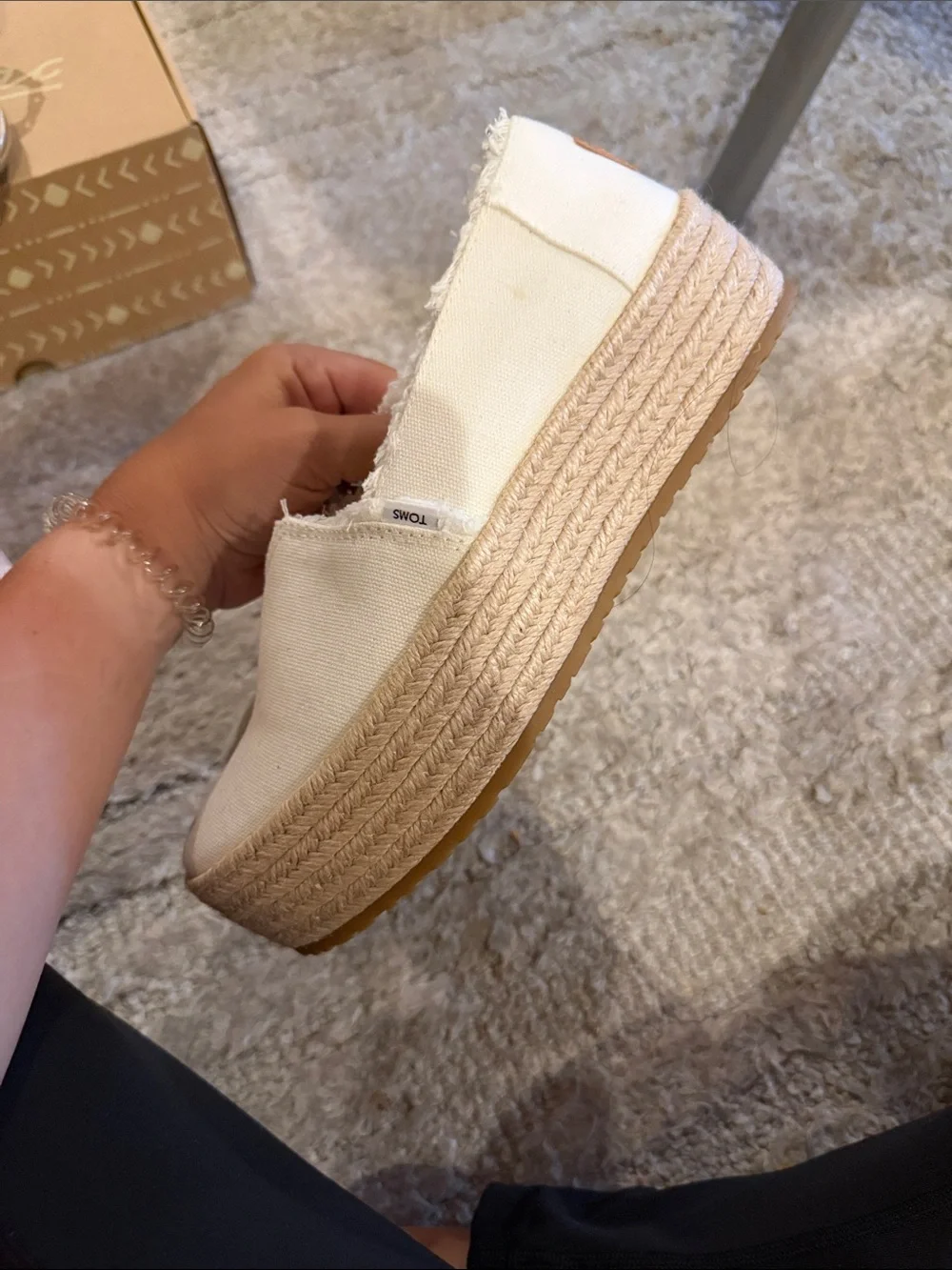 TOMS Cream Canvas Espadrille Slip-Ons with Frayed Edge